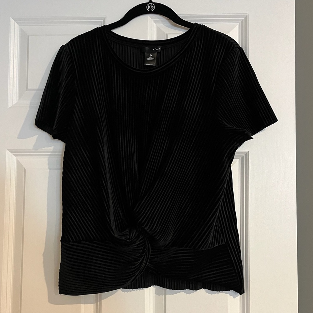 Aqua Black Pleated Velvet Blouse with Tie Front Detail